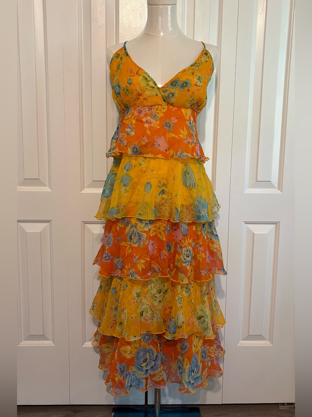 PHOOL, Floral Tiered Yellow-Orange Maxi Dress, Size S
